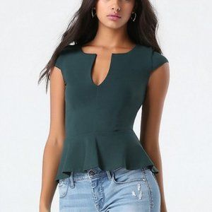 Bebe emerald green split neck high/low peplum top